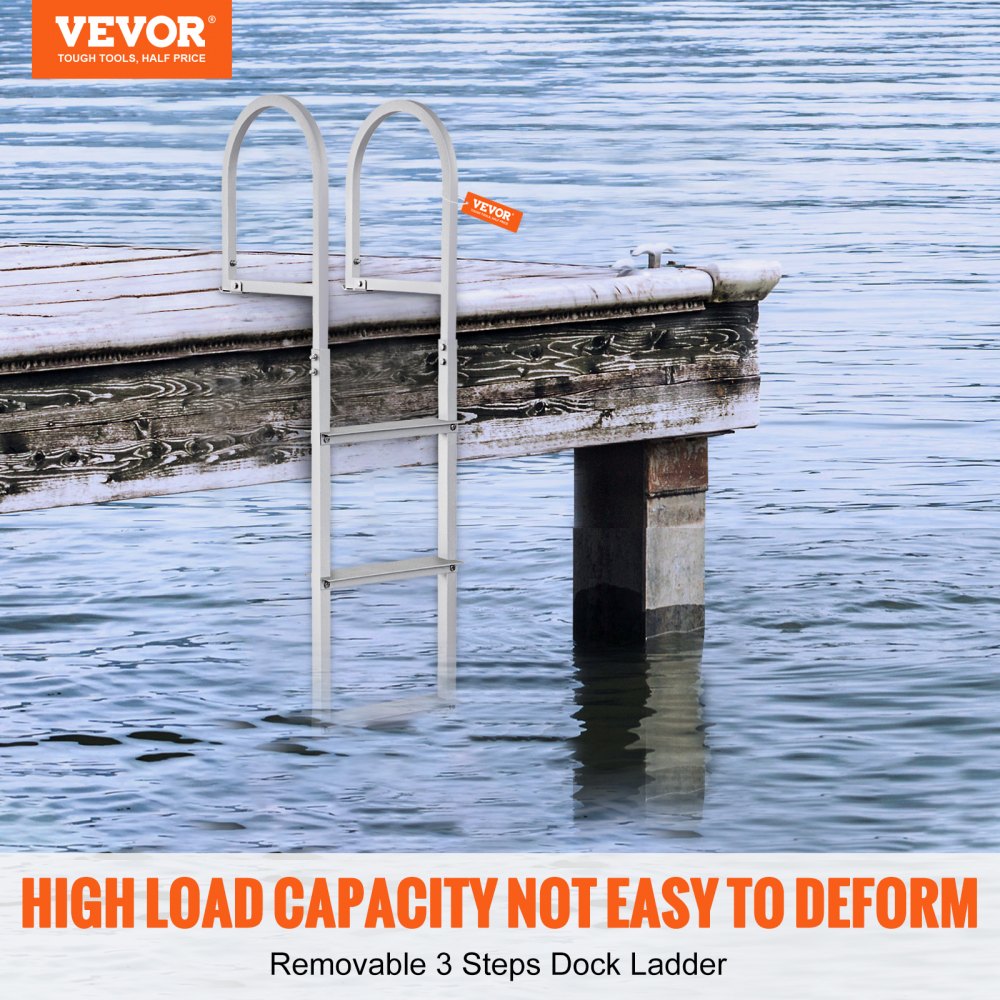 VEVOR Dock Ladder with 3 Removable Steps, 227 kg Load Capacity, Aluminum Alloy Pontoon Boat Ladder with 8 cm Wide Steps and Non-Slip Rubber Mat, for Boarding Ships/Lakes/Swimming Pools