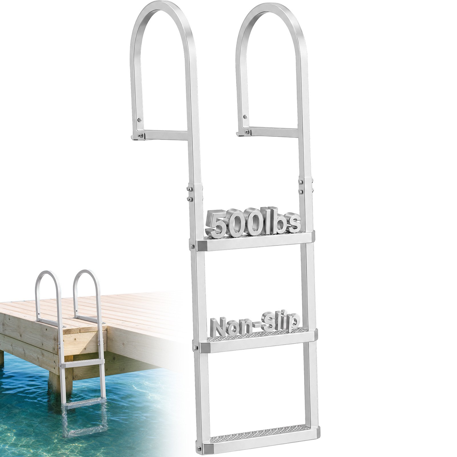 VEVOR Scaletta Smontabile per Molo, Scaletta Dritta da Pontile, 3 Gradini Ampi e Antiscivolo in PP, Portata Massima 227 kg, Struttura in Lega di Alluminio, Montaggio Semplice, per Laghi e Imbarcazioni