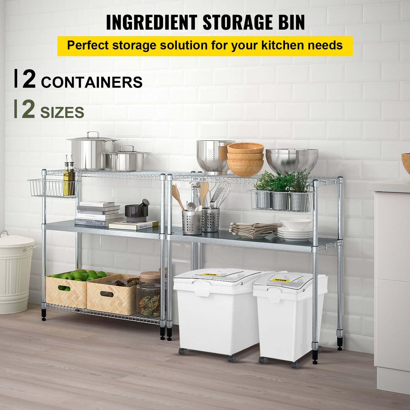 VEVOR Contenitore per Riso o Ingredienti 40L+25L, Scatola di Riso Con 4 Ruote 2 Pezzi, Riso e Alimenti Contenitore Grande Spazio da Conservare in Bianco per Conservare Riso Farina e Prodotti Secchi