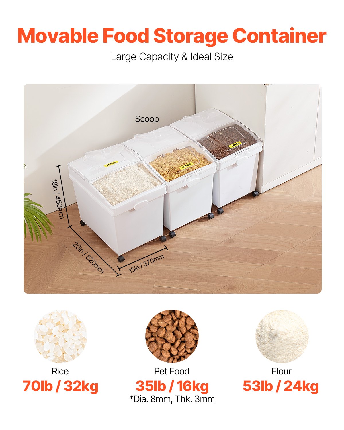 VEVOR Flour and Rice Containers, 25 kg Capacity, 3-Piece Kitchen Storage Boxes, 35.5 x 50 x 45 cm, Triple Storage Containers, 14 x 19.7 x 17.7 inches, White, for Storing Grains and Other Dry Goods