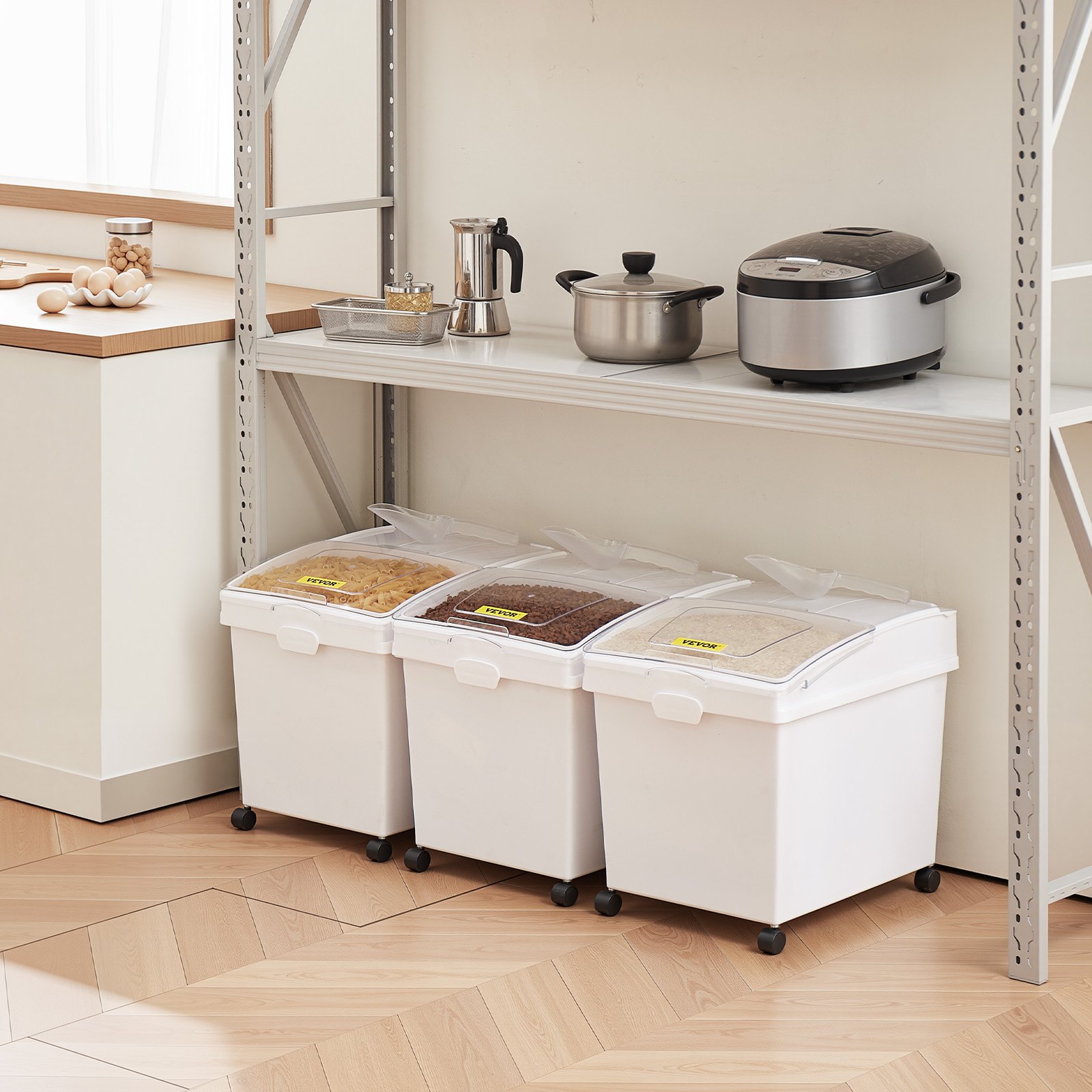 VEVOR Flour and Rice Containers, 25 kg Capacity, 3-Piece Kitchen Storage Boxes, 35.5 x 50 x 45 cm, Triple Storage Containers, 14 x 19.7 x 17.7 inches, White, for Storing Grains and Other Dry Goods
