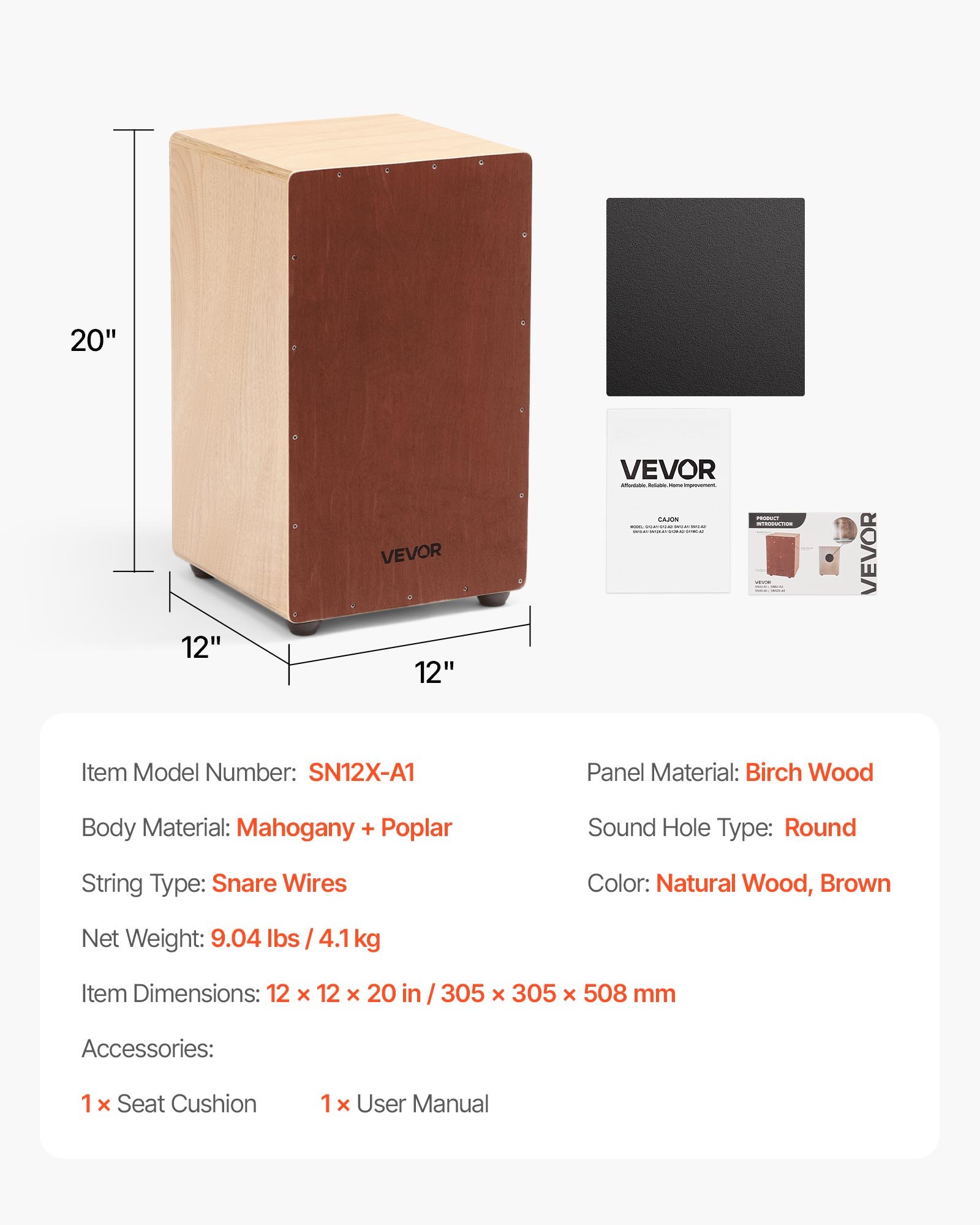 VEVOR Cajon Box Drum, Con Cordiere Rullanti Interni, Scatola di Percussioni in Legno Leggera, Strumento Musicale Portatile a Tamburo in Legno di Betulla con Piedini in Silicone, 305 x 305 x 508 mm