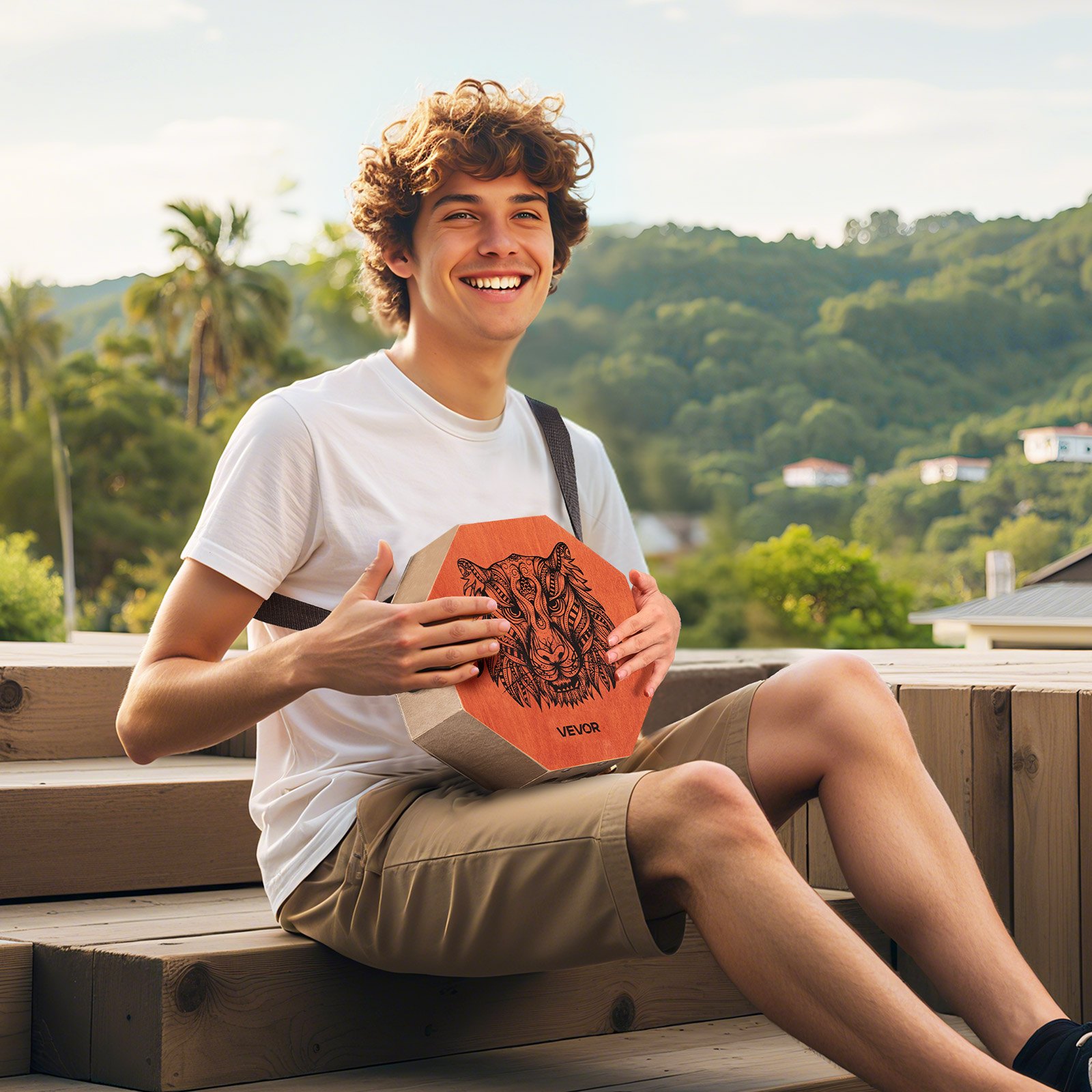 VEVOR Cajon Box Drum Unico, Con Corde per Chitarra Interne, Scatola di Percussioni in Legno Portatile, Strumento Musicale Portatile in Legno di Betulla con Tracolla Regolabile, 295 x 295 x 100 mm