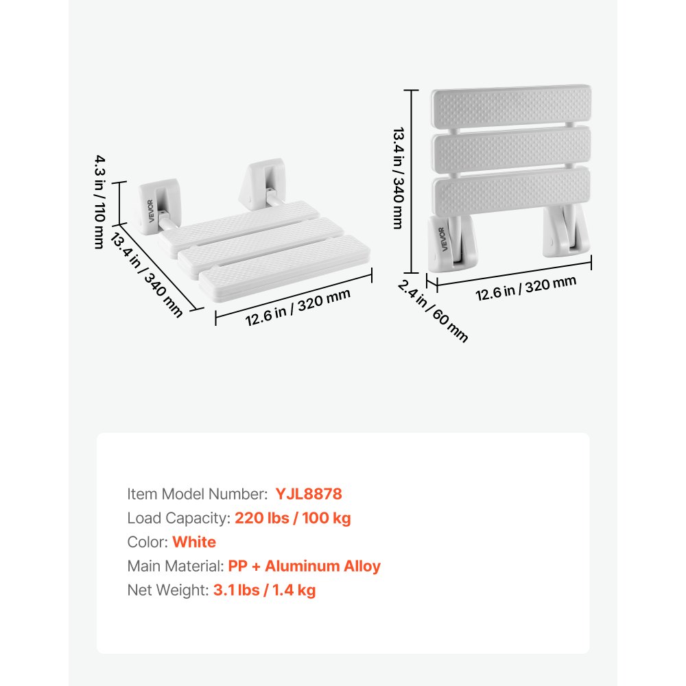 VEVOR Sedile per Doccia Pieghevole da Parete Carico 100 kg, Sgabello da Doccia Ribaltabile Salvaspazio da 317 mm, Sedile da Muro in PP con Telaio in Lega di Alluminio per Adulti Anziani e Disabili