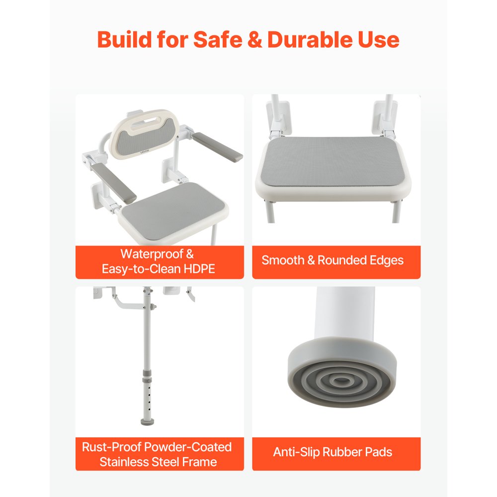 VEVOR Foldable Shower Chair Wall Mounted, 457mm Folding Shower Seat with Backrest, Armrest & Adjustable Legs, HDPE Fold-Down Bathroom Chair Stainless Steel Frame for Adults Seniors, 150kg Loading