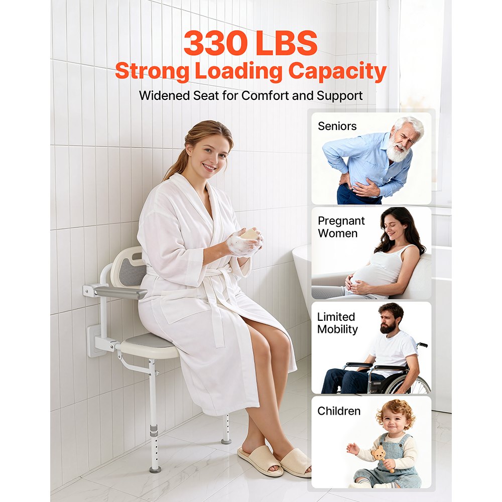 VEVOR Foldable Shower Chair Wall Mounted, 457mm Folding Shower Seat with Backrest, Armrest & Adjustable Legs, HDPE Fold-Down Bathroom Chair Stainless Steel Frame for Adults Seniors, 150kg Loading