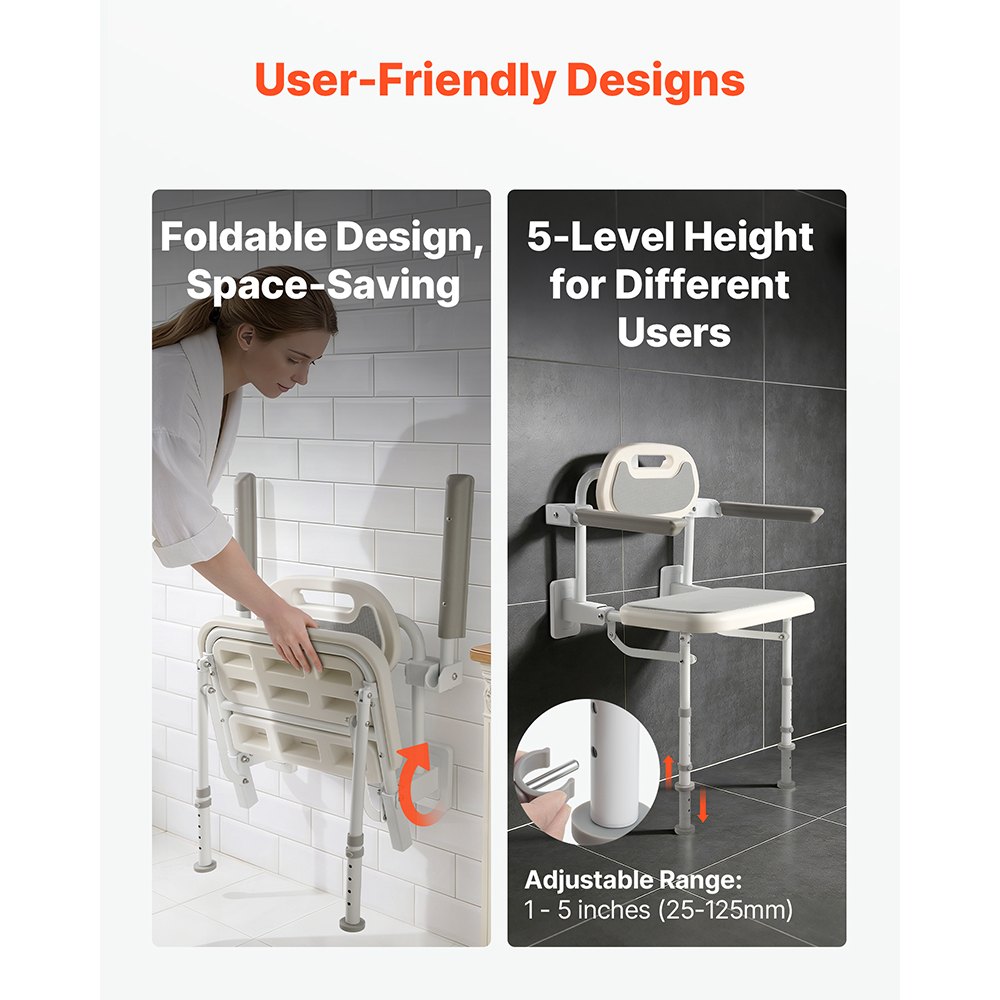 VEVOR Foldable Shower Chair Wall Mounted, 457mm Folding Shower Seat with Backrest, Armrest & Adjustable Legs, HDPE Fold-Down Bathroom Chair Stainless Steel Frame for Adults Seniors, 150kg Loading