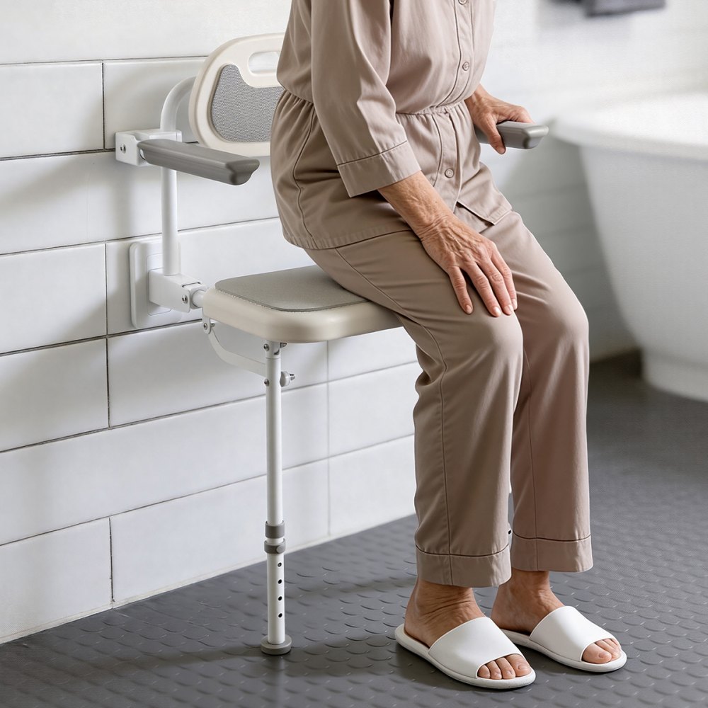 VEVOR Foldable Shower Chair Wall Mounted, 457mm Folding Shower Seat with Backrest, Armrest & Adjustable Legs, HDPE Fold-Down Bathroom Chair Stainless Steel Frame for Adults Seniors, 150kg Loading