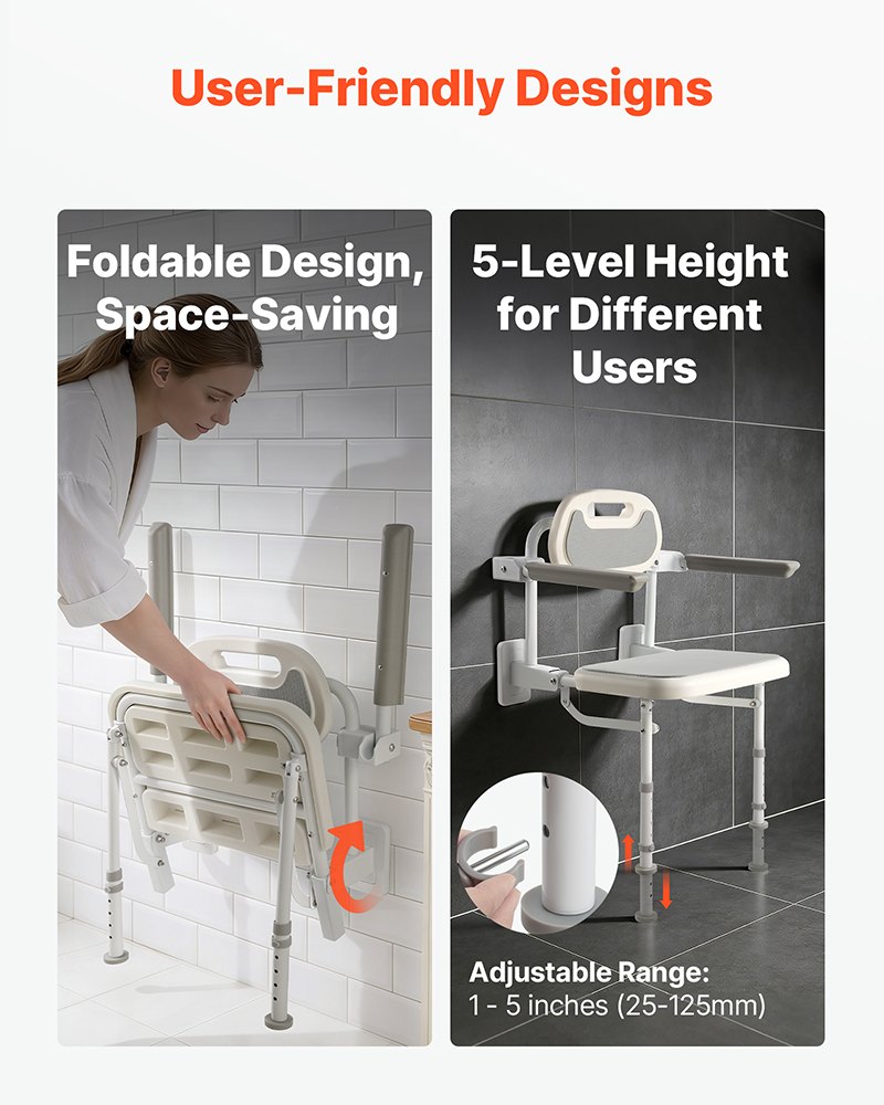 VEVOR Foldable Shower Chair Wall Mounted, 457mm Folding Shower Seat with Backrest, Armrest & Adjustable Legs, HDPE Fold-Down Bathroom Chair Stainless Steel Frame for Adults Seniors, 150kg Loading