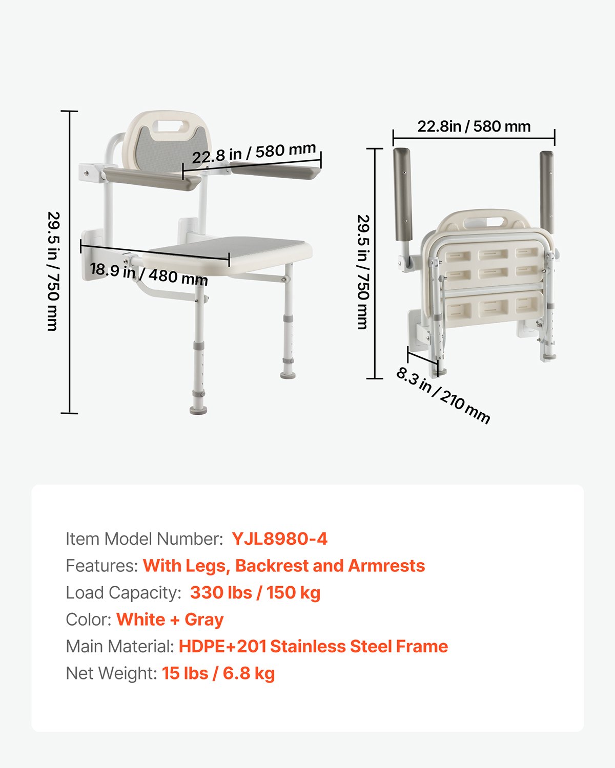 VEVOR Foldable Shower Chair Wall Mounted, 457mm Folding Shower Seat with Backrest, Armrest & Adjustable Legs, HDPE Fold-Down Bathroom Chair Stainless Steel Frame for Adults Seniors, 150kg Loading