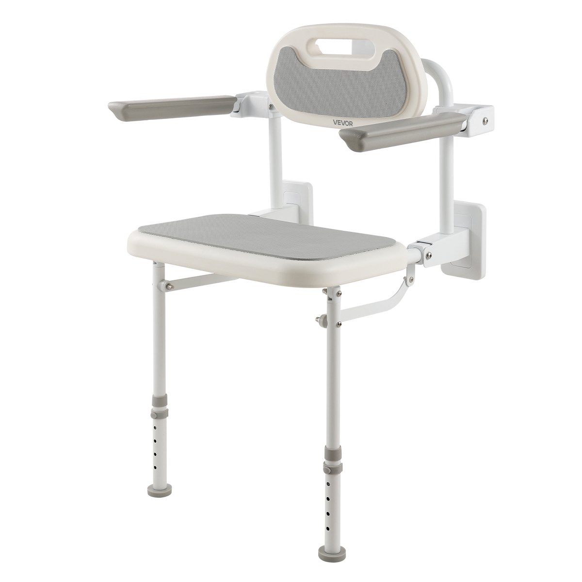 VEVOR Foldable Shower Chair Wall Mounted, 457mm Folding Shower Seat with Backrest, Armrest & Adjustable Legs, HDPE Fold-Down Bathroom Chair Stainless Steel Frame for Adults Seniors, 150kg Loading