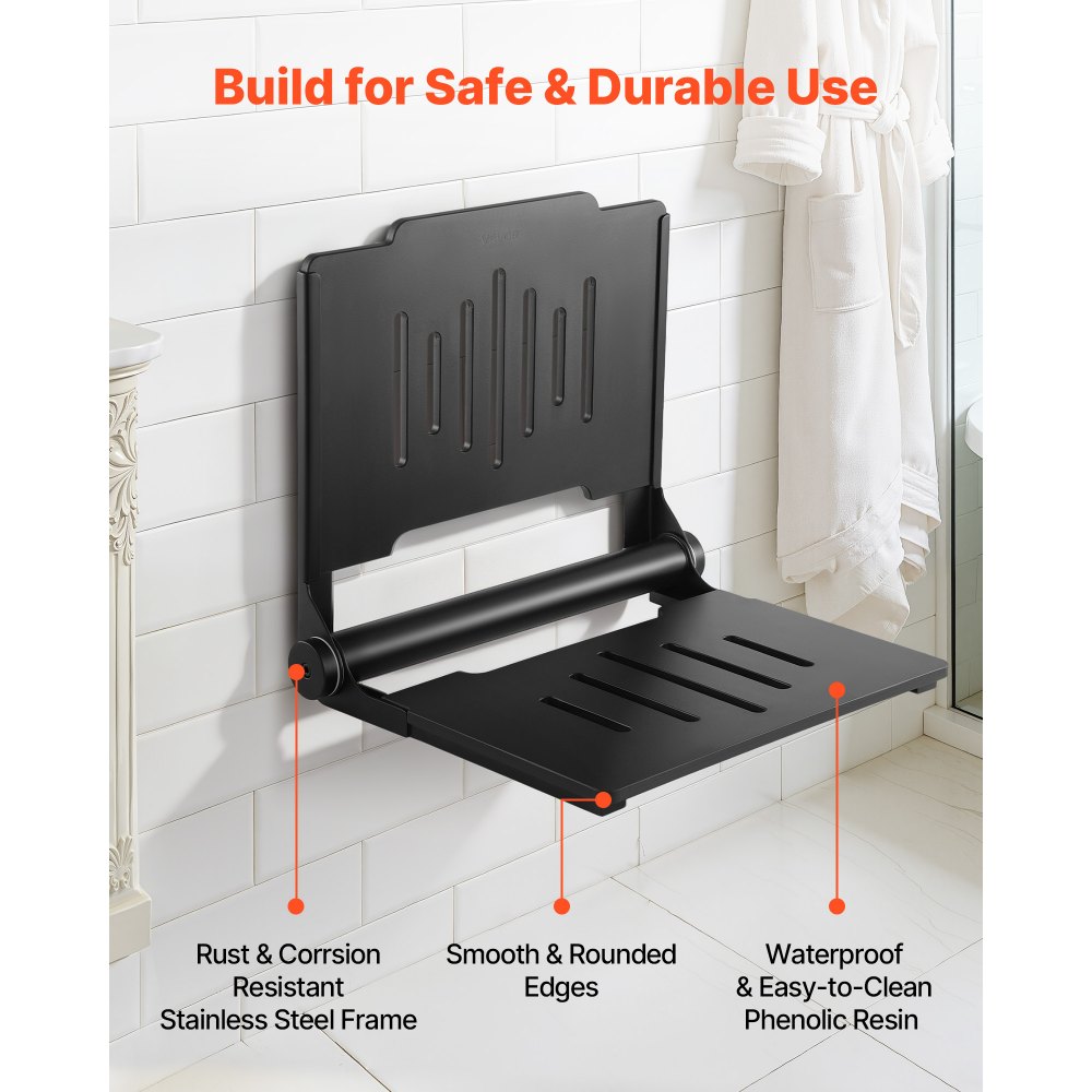 VEVOR Sedile Doccia Pieghevole da Parete 452 mm, Sgabello Doccia Ribaltabile con Schienale di Supporto Carico Max 180 kg, Sedile da Bagno in Plastica con Struttura in Acciaio Inox per Adulti e Anziani