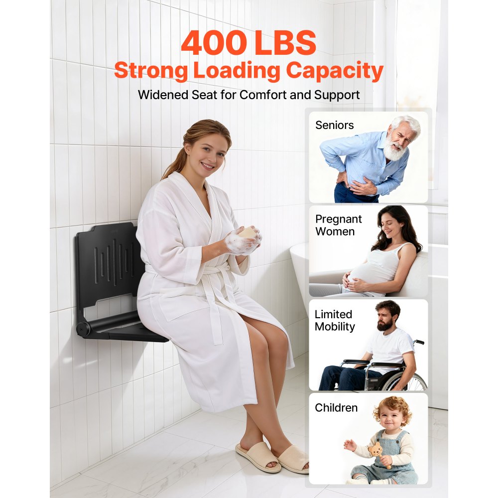 VEVOR Sedile Doccia Pieghevole da Parete 452 mm, Sgabello Doccia Ribaltabile con Schienale di Supporto Carico Max 180 kg, Sedile da Bagno in Plastica con Struttura in Acciaio Inox per Adulti e Anziani