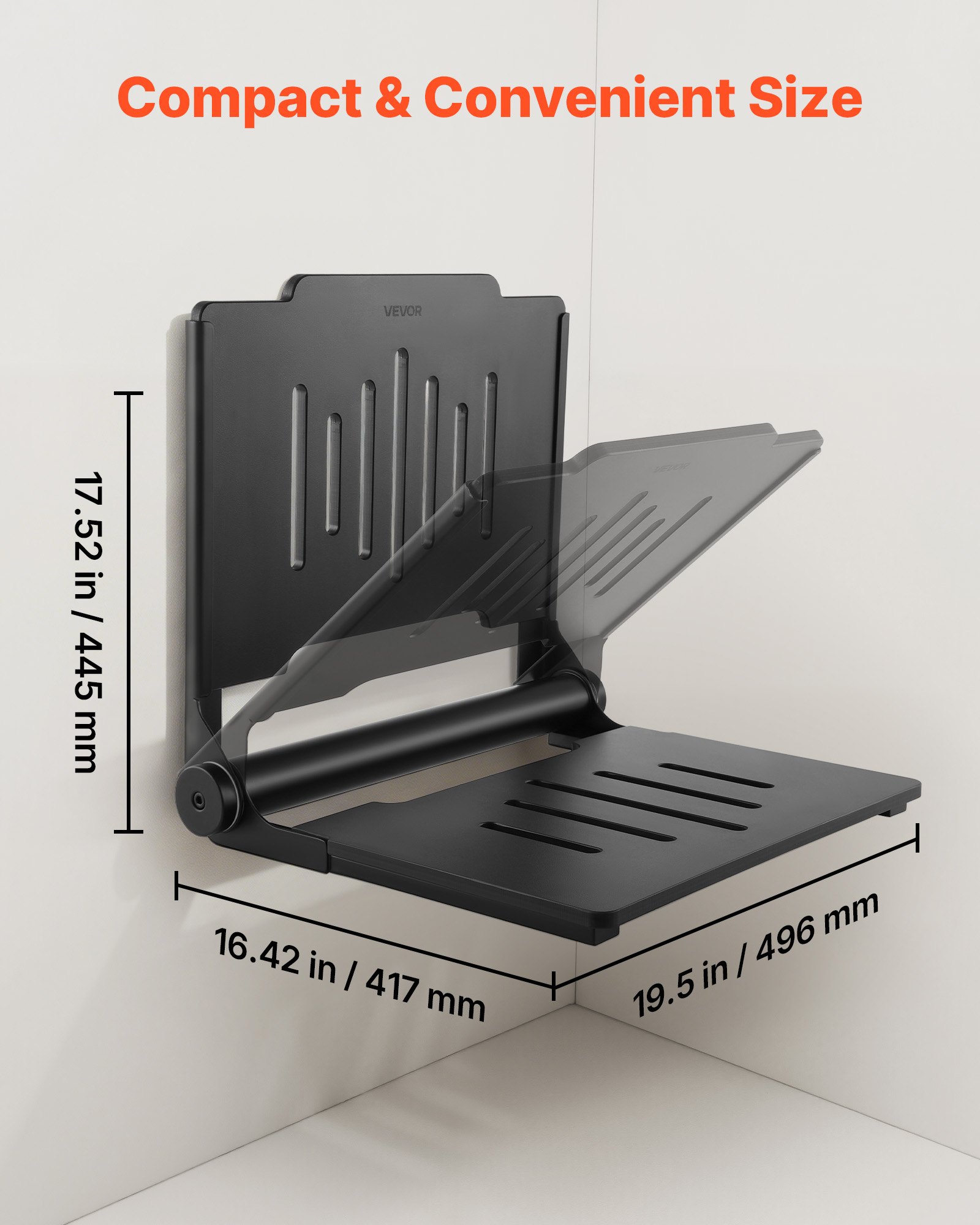 VEVOR Sedile Doccia Pieghevole da Parete 452 mm, Sgabello Doccia Ribaltabile con Schienale di Supporto Carico Max 180 kg, Sedile da Bagno in Plastica con Struttura in Acciaio Inox per Adulti e Anziani