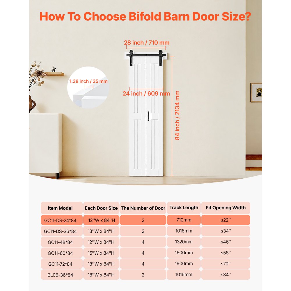 VEVOR Porta Scorrevole a Soffietto da 609 x 2134 x 35 mm, in MDF per Armadio con Kit Ferramenta, Design Salvaspazio con Telaio a H, Assemblaggio Autonomo per Camera da Letto, Guardaroba, Bianco