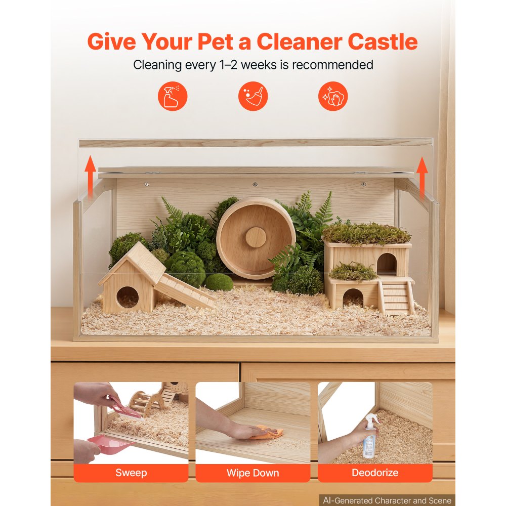 VEVOR Gabbia per Criceti in Legno 810 x 410 x 410 mm con Visuale a 270°, Habitat per Piccoli Animali in Acrilico Anti-morso con Coperchio Apribile, per Roditori Ricci Rettili e Porcellini d'India
