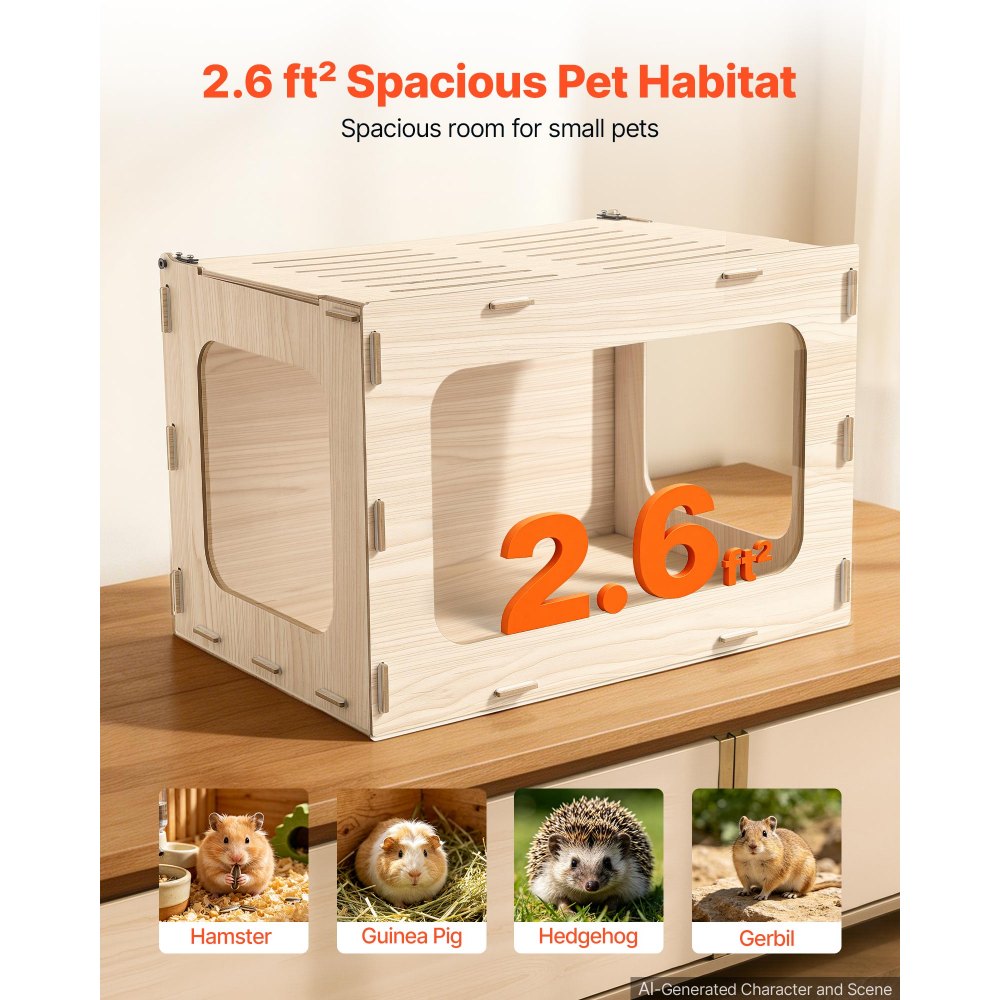 VEVOR Habitat per Criceti in Legno 605 x 405 x 405 mm con Visuale a 270°, Gabbia per Piccoli Animali a Prova di Rosicchiamento con Coperchio Apribile, per Siriani Nani Porcellini d'India e Serpenti