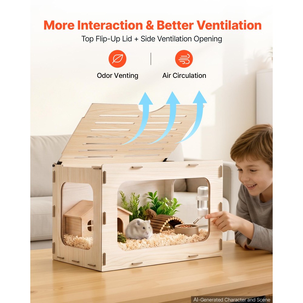 VEVOR Habitat per Criceti in Legno 605 x 405 x 405 mm con Visuale a 270°, Gabbia per Piccoli Animali a Prova di Rosicchiamento con Coperchio Apribile, per Siriani Nani Porcellini d'India e Serpenti