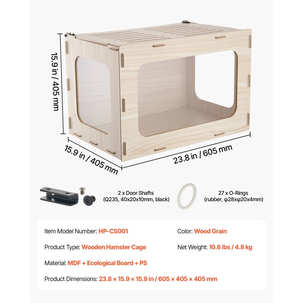 VEVOR Habitat per Criceti in Legno 605 x 405 x 405 mm con Visuale a 270°, Gabbia per Piccoli Animali a Prova di Rosicchiamento con Coperchio Apribile, per Siriani Nani Porcellini d'India e Serpenti