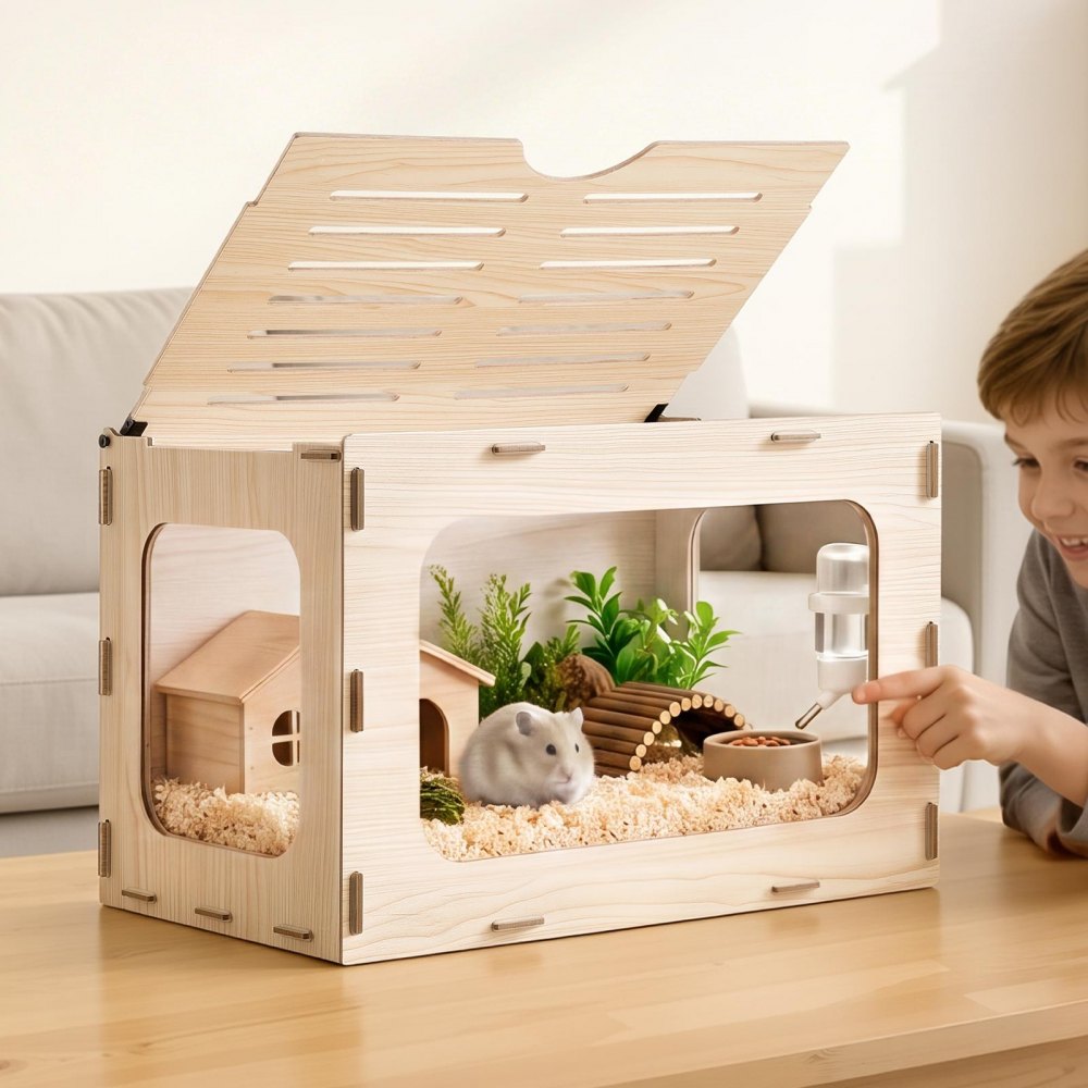 VEVOR Habitat per Criceti in Legno 605 x 405 x 405 mm con Visuale a 270°, Gabbia per Piccoli Animali a Prova di Rosicchiamento con Coperchio Apribile, per Siriani Nani Porcellini d'India e Serpenti
