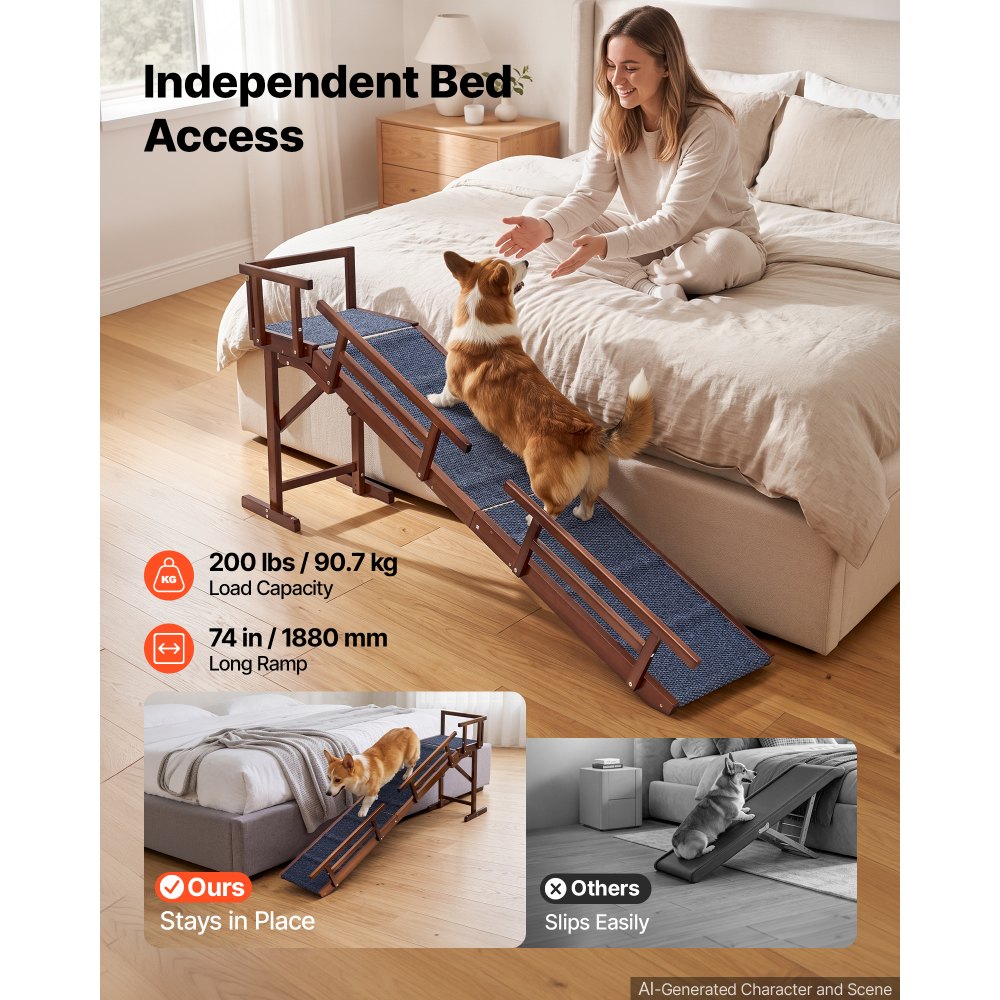VEVOR Rampa per Animali Domestici in Legno 188 cm Capacità Carico 90,7 kg, con Protezione Laterale per Cani Anziani e Piccoli, Pendenza 22°, C, Superficie in Feltro Antiscivolo, Piattaforma Superiore