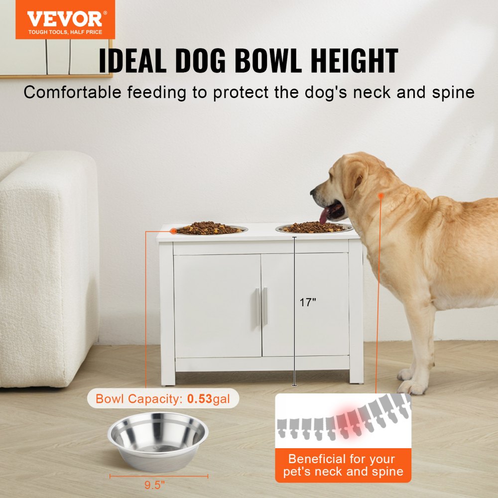 VEVOR Dog Cabinet Feeding Station with 2 Stainless Steel Bowls 60 x 30 x 44 cm, Elevated Dog Bowls with Storage, Pet Food Cabinet, Feeding Bowl with Double Door, Bowl Bar, Dog Bar for Extra Large Dogs, White
