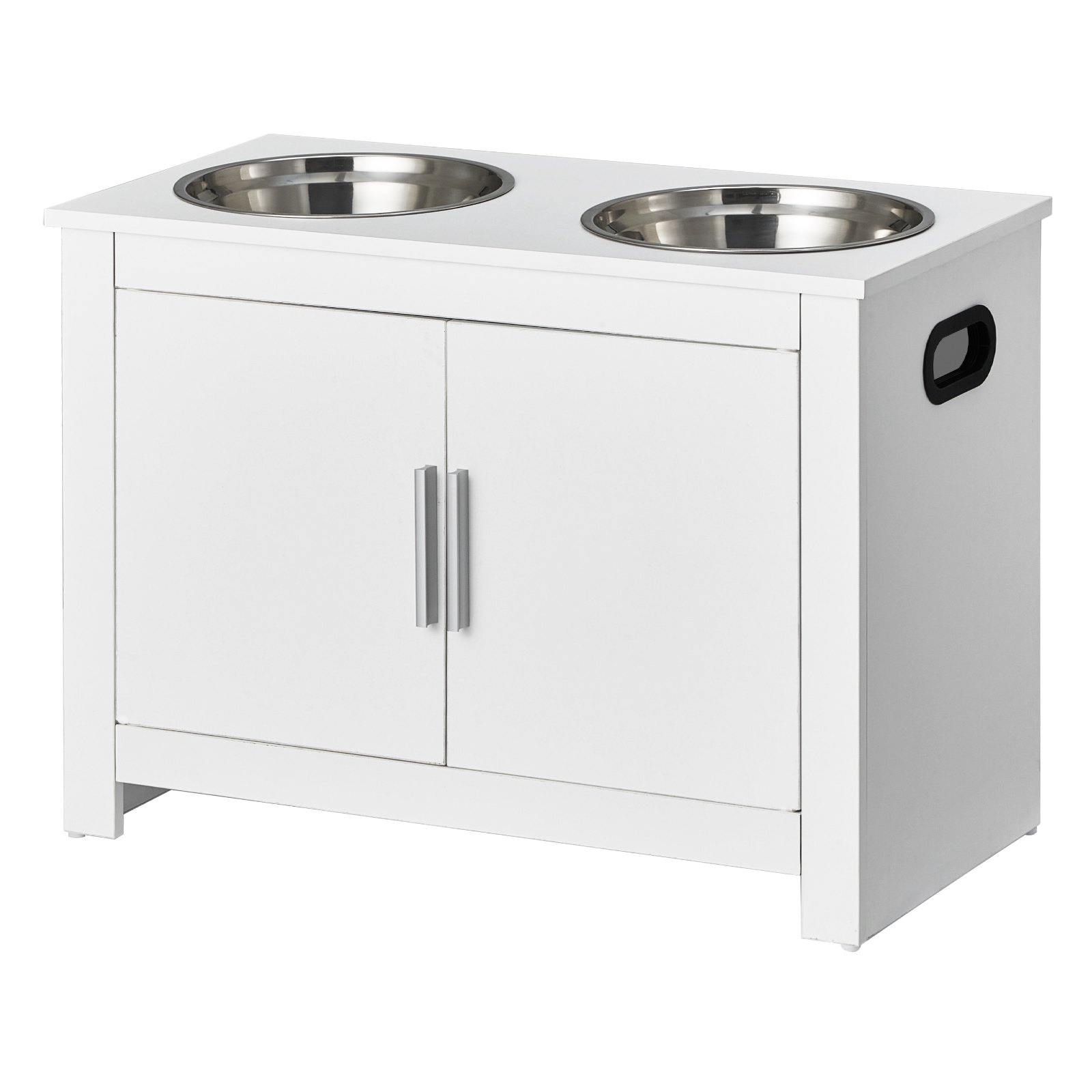 VEVOR Dog Cabinet Feeding Station with 2 Stainless Steel Bowls 60 x 30 x 44 cm, Elevated Dog Bowls with Storage, Pet Food Cabinet, Feeding Bowl with Double Door, Bowl Bar, Dog Bar for Extra Large Dogs, White