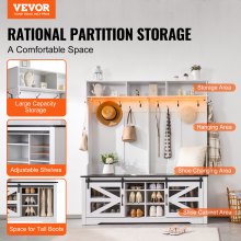 VEVOR Appendiabiti per Casa Appendiabiti in Legno con Panca Scarpiera, Appendiabiti con Attaccapanni Ripiani Regolabili Ganci, Mobiletto Appendiabiti Ingresso con Striscia Luminosa Carico 90,718 kg