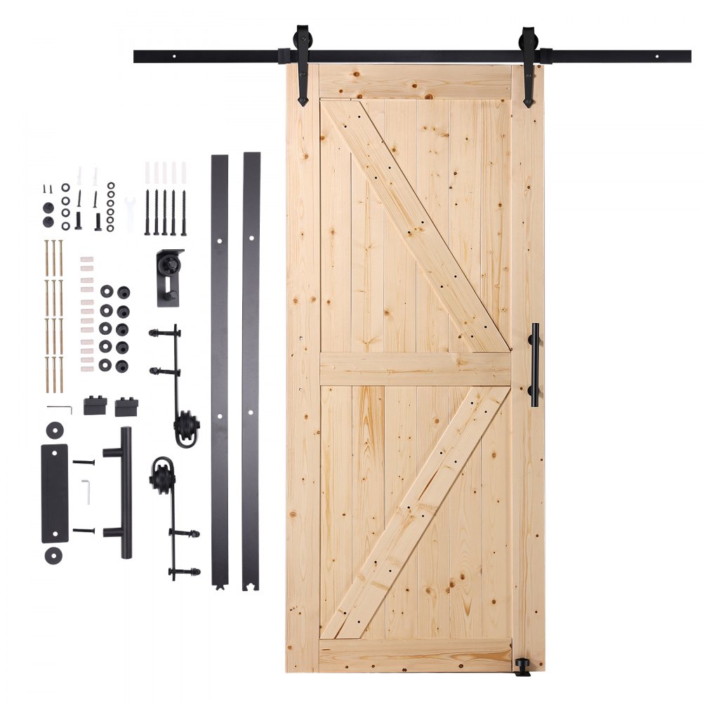 VEVOR Kit per Porta della Stalla e Ferramenta, Porta in Legno 914,4 x 2133,6 mm Senza Intoppi, Kit per Porta con Guida a Pavimento 8 in 1 e Maniglia Porta, Lastra con Pannelli Legno di Abete Rosso