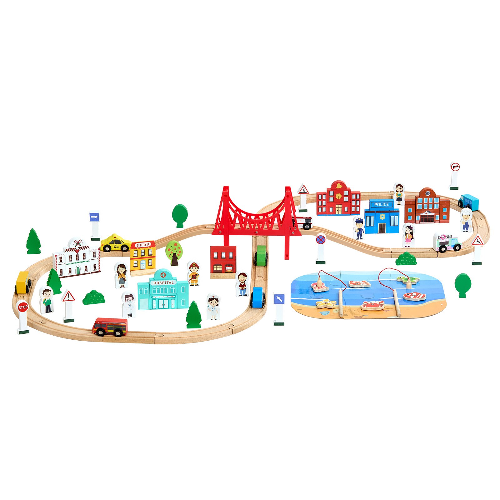 VEVOR Set Ferrovia con Ponte Tunnel Giocattolo 113 Pezzi, Giocattoli Trenino per Bambini dai 3 agli 8 Anni, Giocattolo con Binari in Legno con Contenitore, Compatibile con le Principali Marche