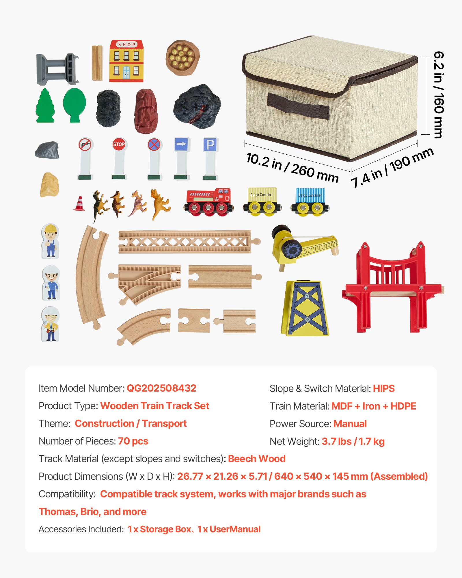 VEVOR Giocattoli Trenino per Bambini 70 Pezzi, con Gru Magnetica, Giocattolo per Treni in Legno per Bambini dai 3 agli 8 Anni, Set di Gru da Costruzione, Compatibile con le Principali Marche