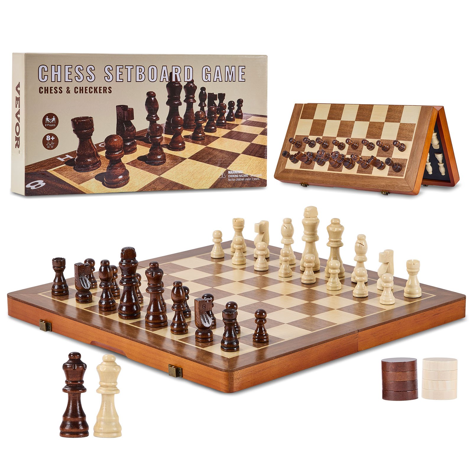 VEVOR Set di Scacchi Magnetici in Legno 380 x 380 x 25 mm Set da Gioco di Dama 2 in 1, Giochi da Scacchiera Pieghevoli per Adulti Bambini, Set di Scacchi Regalo da Viaggio Portatile con 2 Regine