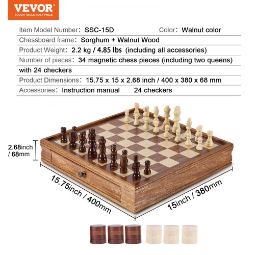 Set Di Scacchi In Legno Massello VEVOR 2-in-1 Con Dama, Scacchiera 38 Cm Con Cassetto Magnetico, 34 Pezzi Ponderati