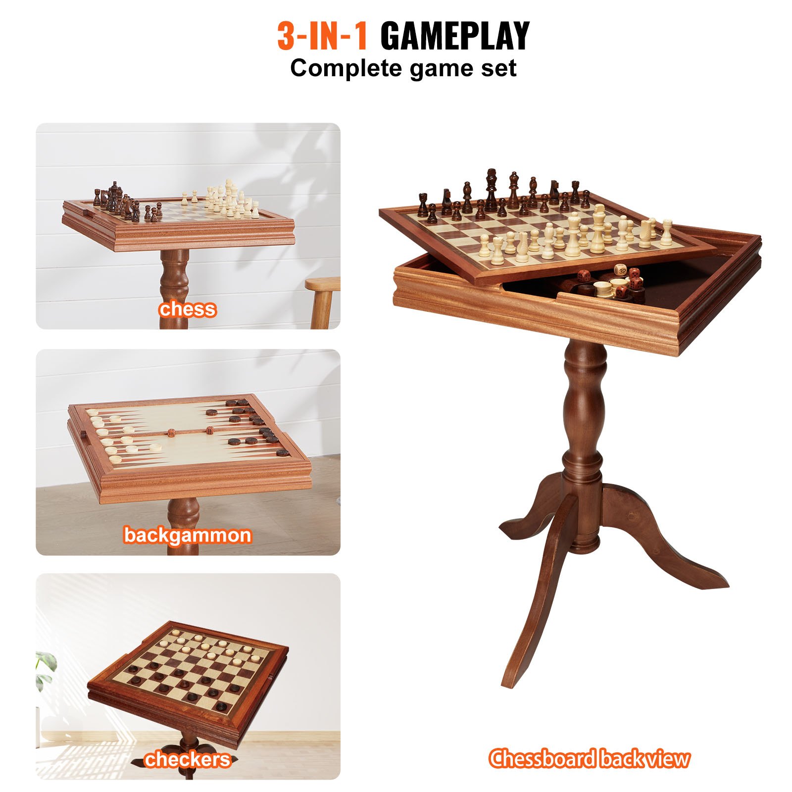 VEVOR Set da tavolo per backgammon dama 3 in 1, tavolo da scacchi in legno premium da 18 pollici, set di mobili da tavolo da gioco combinato deluxe, set di scacchi regalo per giochi da tavolo