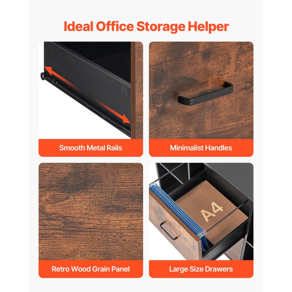 VEVOR Mobiletto Portadocumenti in Legno a 2 Cassetti, Mobiletto Mobile con Ripiani Aperti, Ruote Bloccabili, Supporto per Stampante Moderno e Indipendente per Casa, Ufficio, Scuola, Nero