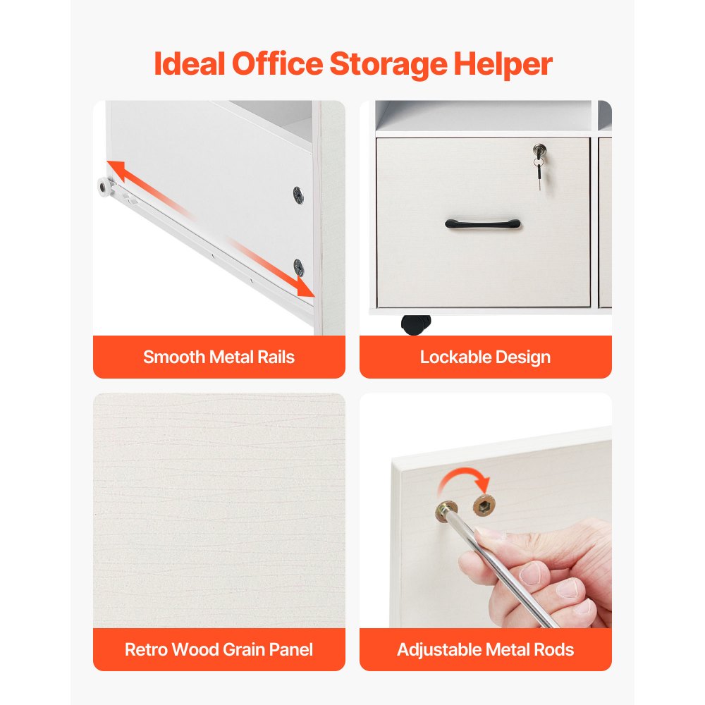 VEVOR Mobiletto Portadocumenti in Legno a 2 Cassetti, Mobiletto Mobile con Ripiani Aperti Regolabili, Supporto Portadocumenti Laterale con Serratura, per Stampante Indipendente Bianco