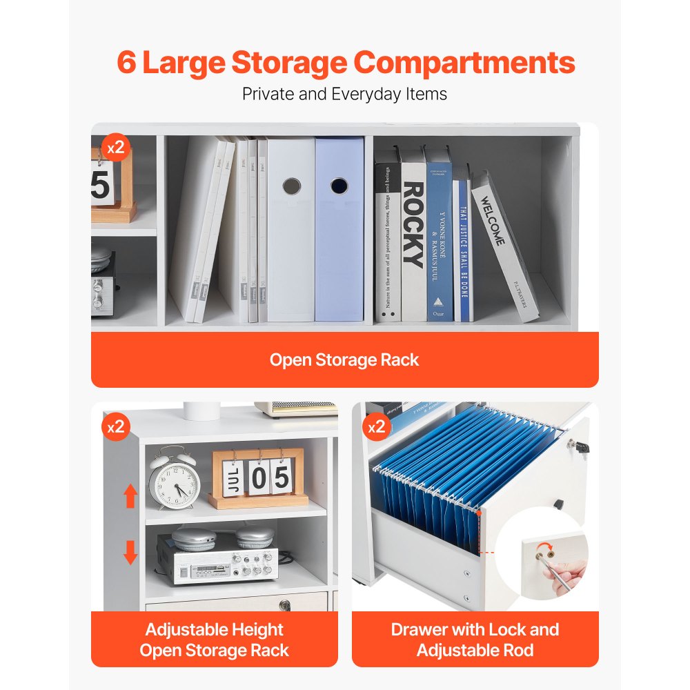 VEVOR 2 Drawer Wooden File Cabinet, Mobile Filing Cabinet with Open Shelves, Lockable Lateral Rolling File Storage with Adjustable Shelves, Free Standing Printer Stand for Home Office School, White