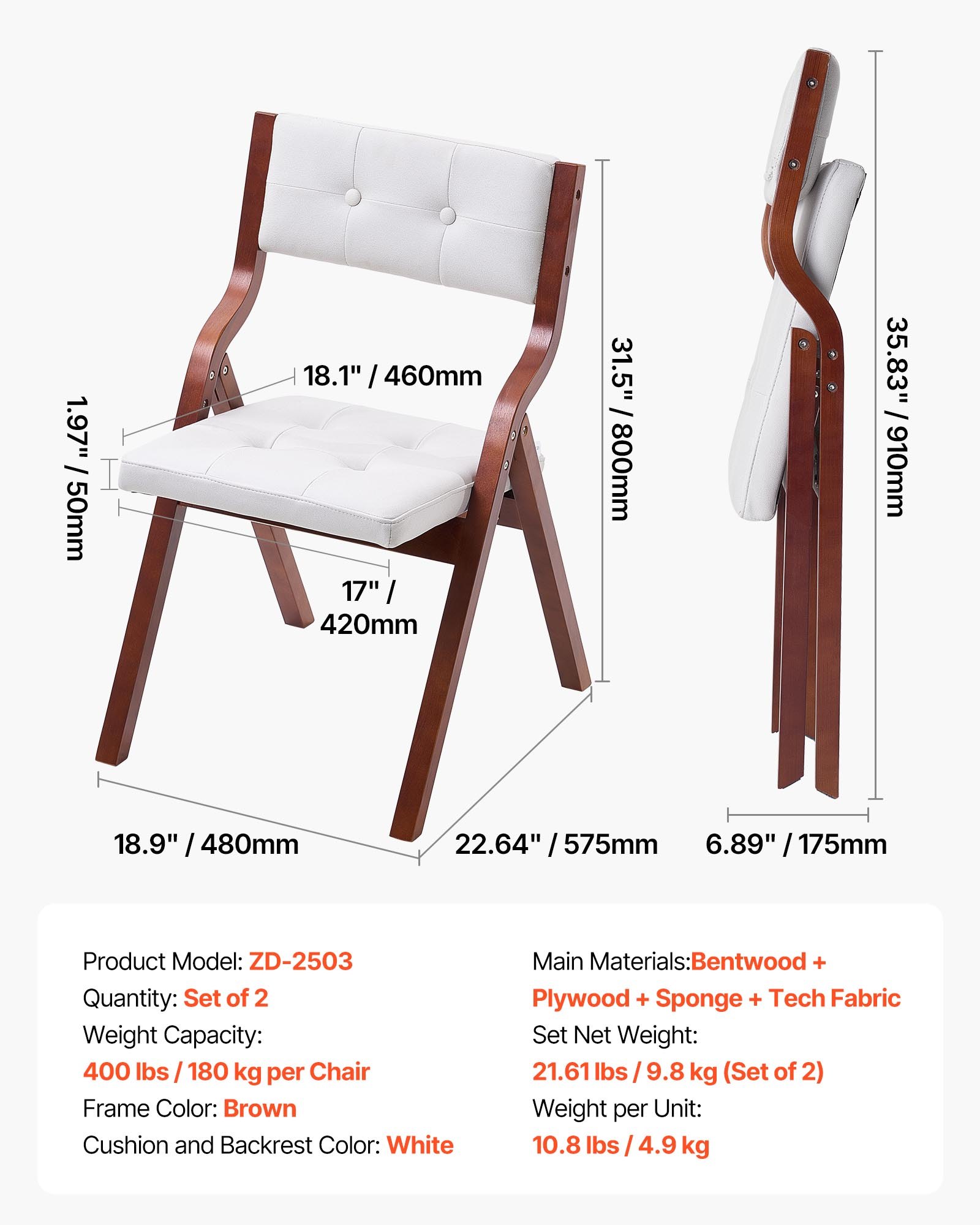 VEVOR Sedie Pieghevoli in Legno con Cuscino, Set da 2, Sedia Pieghevole Portatile con Struttura in Legno, per Cucina, Ufficio, Matrimonio, Festa, Sala da Pranzo, Montaggio Facile, Bianco