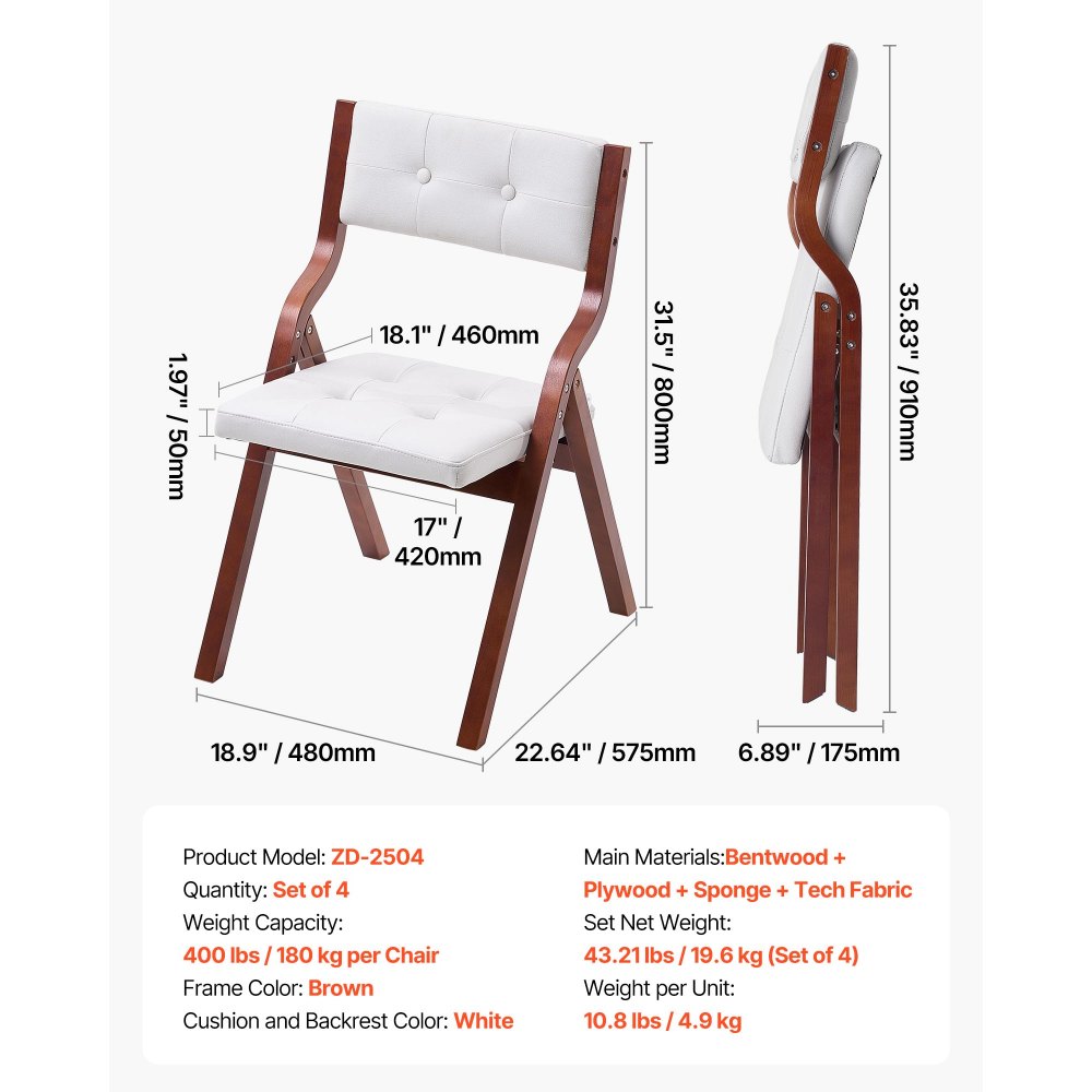 VEVOR Sedie Pieghevoli in Legno con Cuscino, Set da 4, Sedia Pieghevole Portatile con Struttura in Legno, per Cucina, Ufficio, Matrimonio, Festa, Sala da Pranzo, Montaggio Facile, Bianco