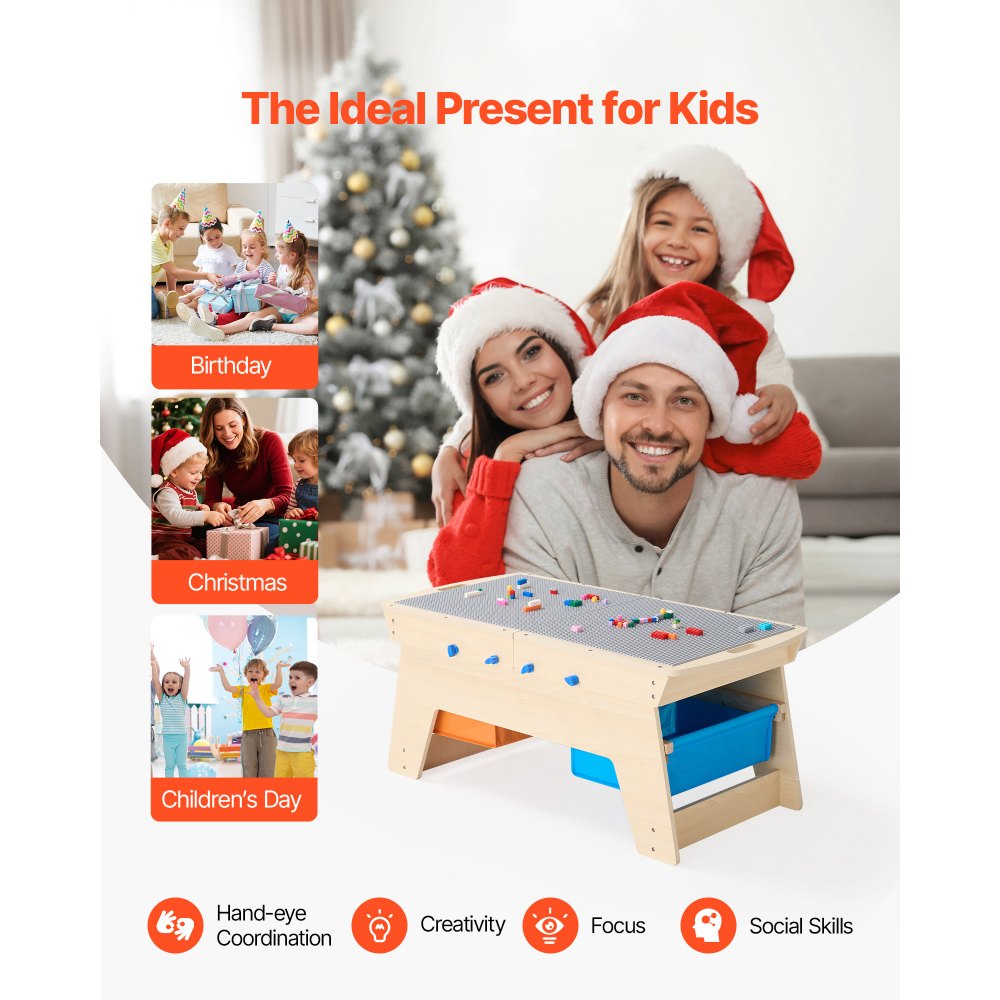 VEVOR Kids Reversible Wooden Activity Table, Multi-Purpose Activity Play Table with 200 Building Bricks & 3 Storage Bins for Kids 3+ Years, Large Storage Space, Present for Boys & Girls, Natural