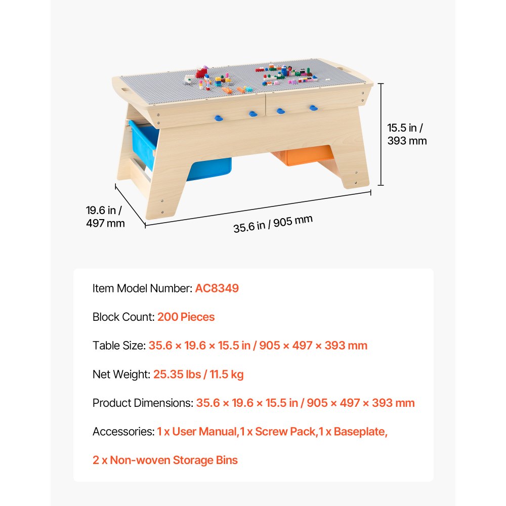 VEVOR Kids Reversible Wooden Activity Table, Multi-Purpose Activity Play Table with 200 Building Bricks & 3 Storage Bins for Kids 3+ Years, Large Storage Space, Present for Boys & Girls, Natural