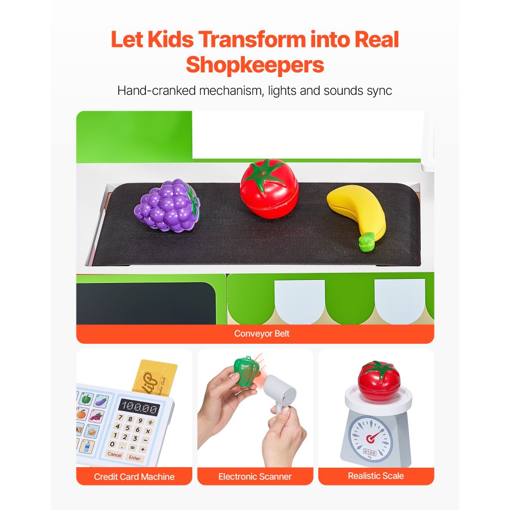 VEVOR Shop Playset, Wooden Toy, 35 Pieces, Children's Supermarket Play Store with Shopping Bag, Conveyor Belt, Scanner, Cash Register, Realistic Fruit and Vegetables, for Children Ages 3 and Up