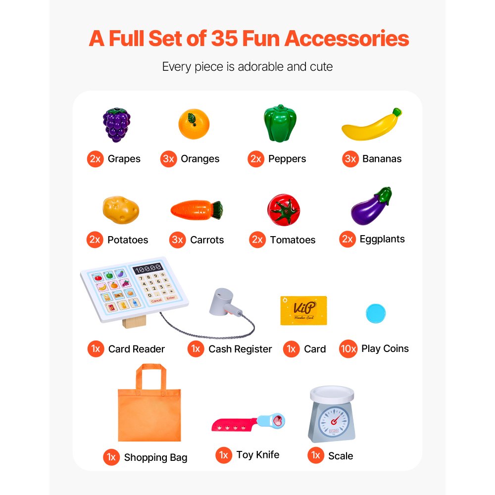 VEVOR Shop Playset, Wooden Toy, 35 Pieces, Children's Supermarket Play Store with Shopping Bag, Conveyor Belt, Scanner, Cash Register, Realistic Fruit and Vegetables, for Children Ages 3 and Up