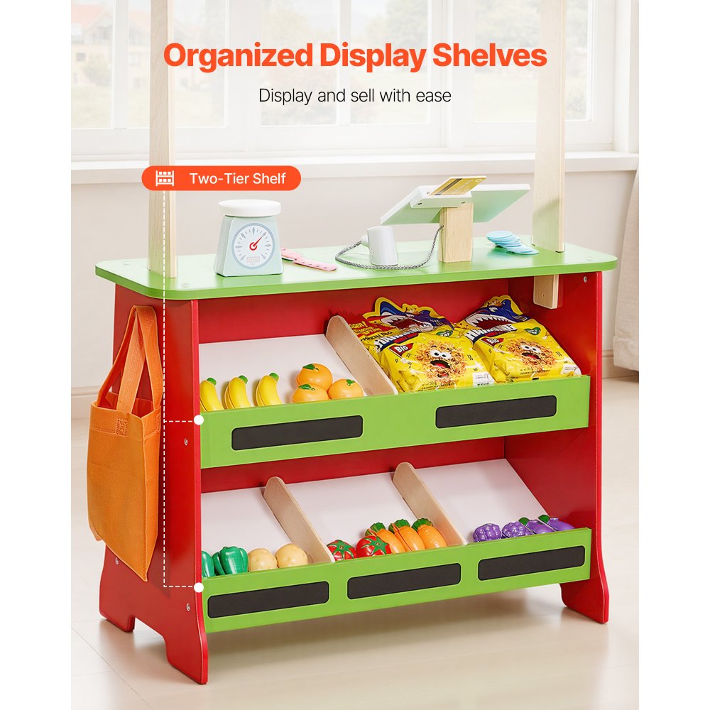 VEVOR 2-in-1 Playset: Wooden Puppet Theater with Curtains, Shop, Double-Sided Wooden Game with Chalkboard and Cash Register, Market Stall for Role-Playing for Children Ages 3 and Up
