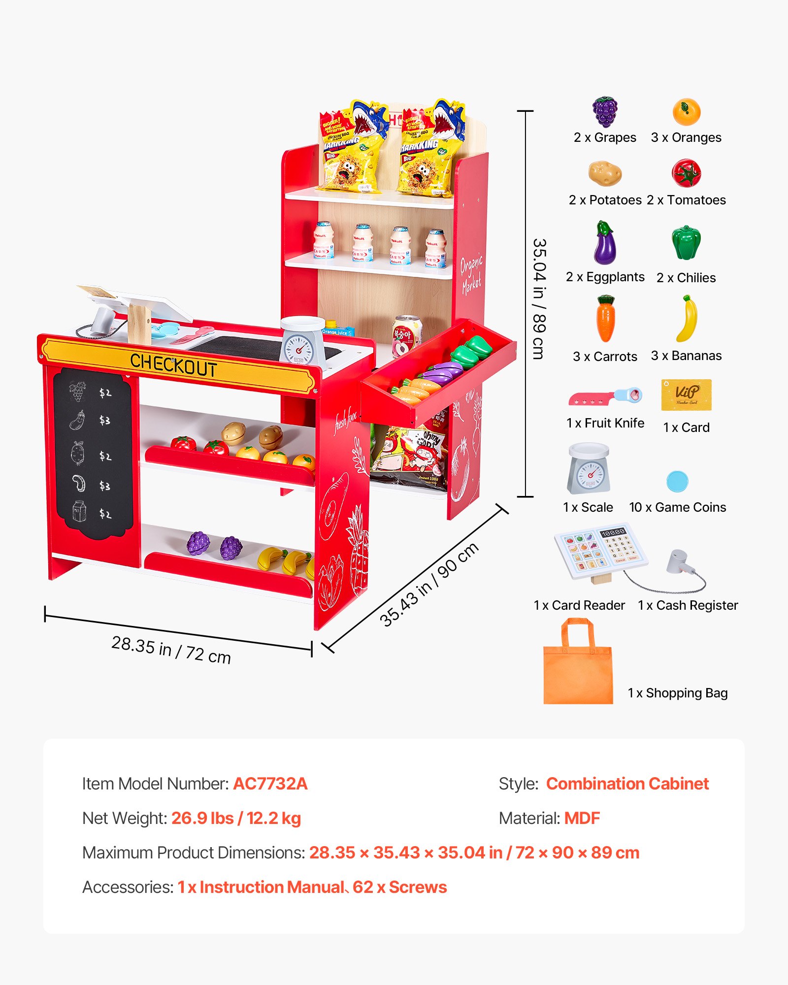 VEVOR Children's Grocery Store Playset, Wooden Toy Shop with Shopping Bag, Children's Supermarket with Conveyor Belt, Scanner, Cash Register, Fruits and Vegetables, Gift for Children Ages 3 and Up