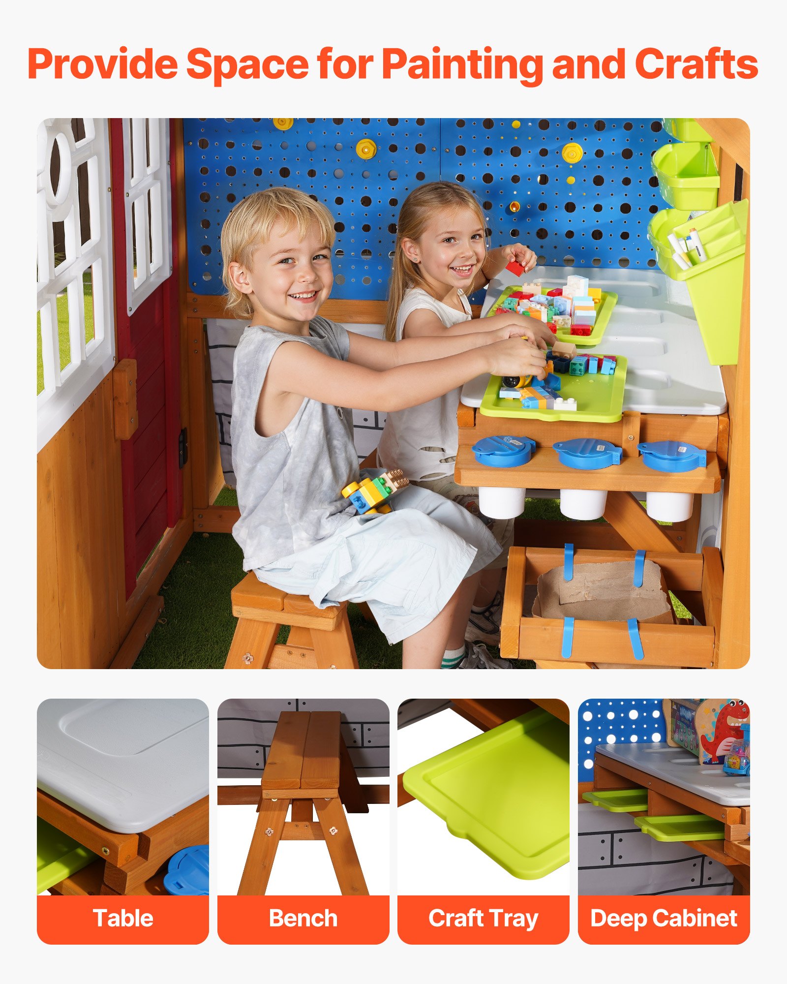 VEVOR Casetta da Gioco per Bambini in Legno di Cedro con Nido Uccello Campanello e Cestino, Set di Pareti a Gravità, Borsa Portaoggetti, Davanzale, Casetta per Bambini dai 3 ai 10 Anni