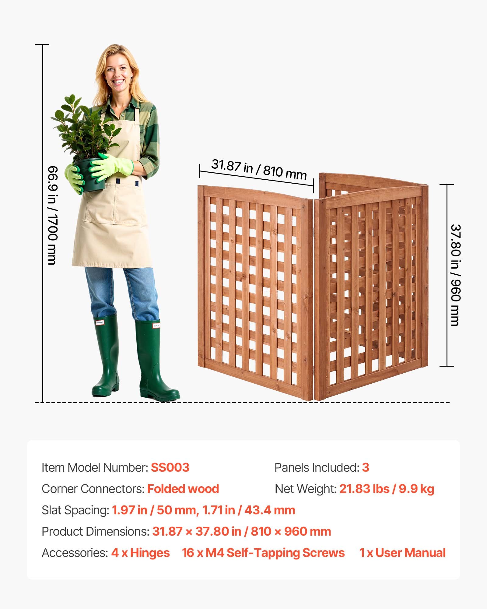 VEVOR Recinzione per Giardino da Esterno 810 x 960 mm, in Legno Massello per Esterni a 3 Pannelli con Angolo Regolabile, Struttura Rinforzata con Cerniera, Divisorio per Esterni per Giardino