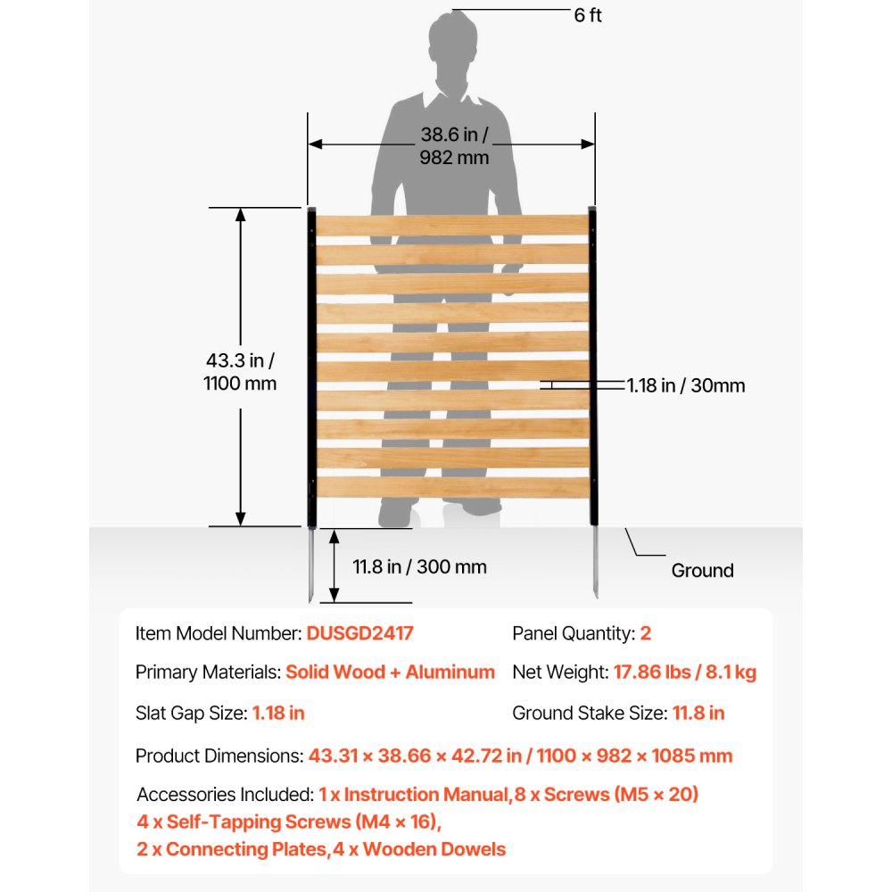 VEVOR Recinzione per Riservatezza in Legno 2 Pannelli, 1100 x 982 x 1085 mm, Schermo per Recinzione per Condizionatore d'Aria, Recinzione per Piscina con Picchetti in Metallo, per Decorazione Esterno