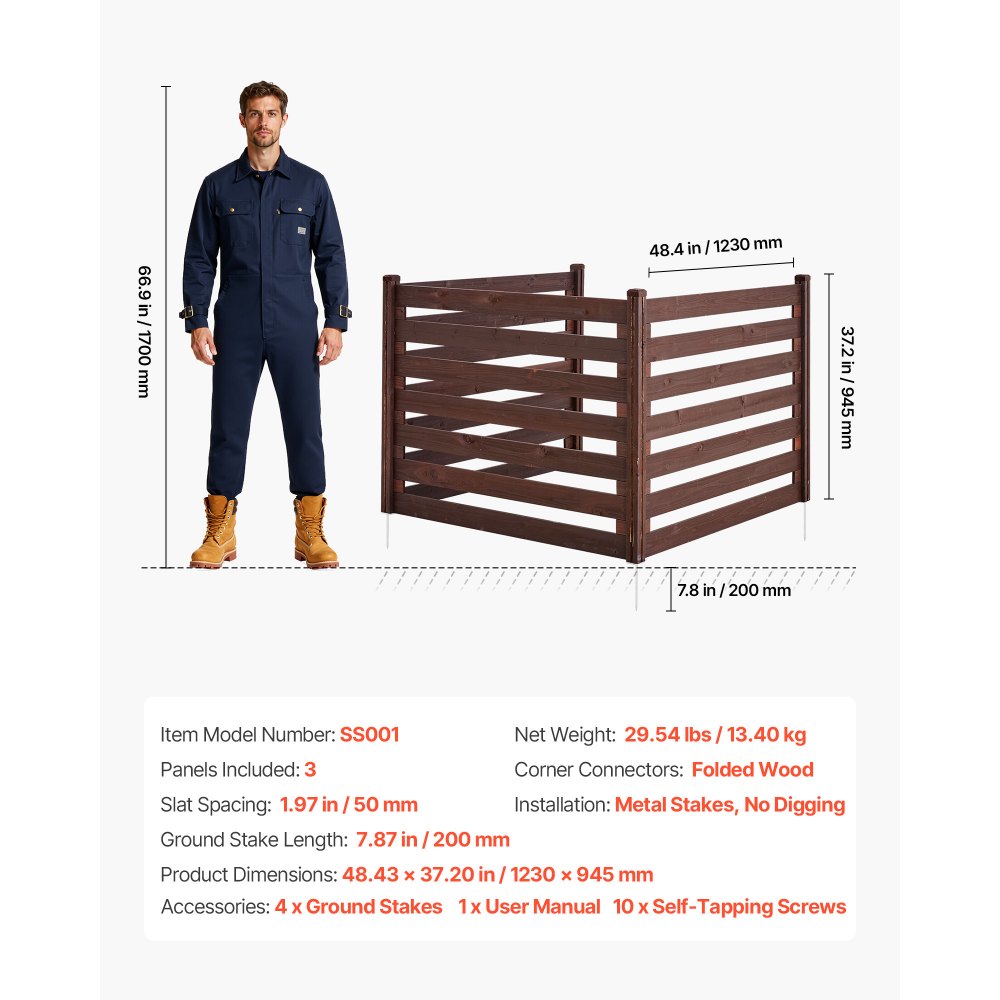 VEVOR Recinzione da Esterno in Legno per Aiuole da 1230 x 945 mm, in Legno Massello per Esterni a 3 Pannelli con Picchetti in Metallo, Struttura in Acciaio, Recinzioni per Giardino, Piscina