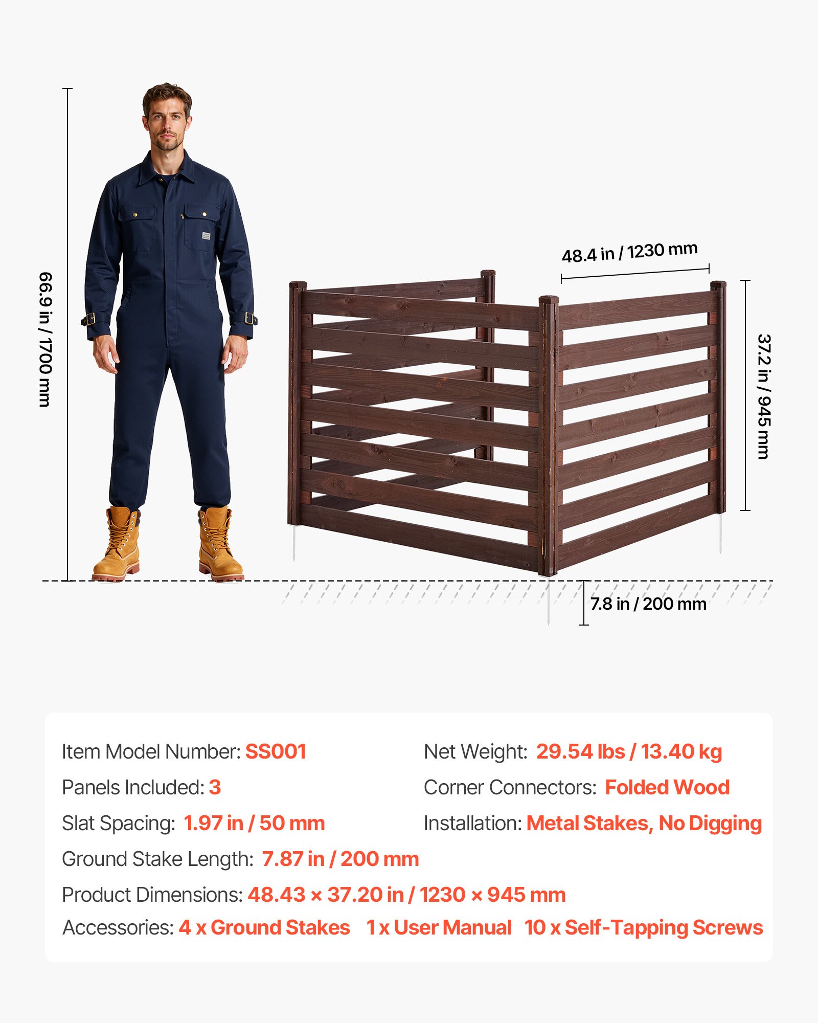 VEVOR Recinzione da Esterno in Legno per Aiuole da 1230 x 945 mm, in Legno Massello per Esterni a 3 Pannelli con Picchetti in Metallo, Struttura in Acciaio, Recinzioni per Giardino, Piscina